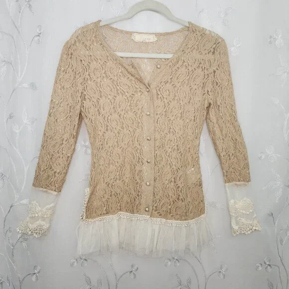 A'Reve Lace  Button-up Cardigan/Blouse with Ruffled Accent - Picture 4 of 11
